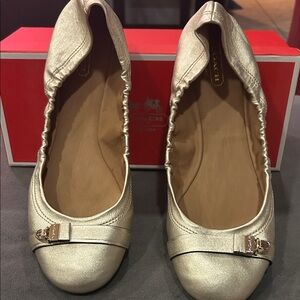 Coach Women's Metallic Gold Ballet Flats with Logo Buckle